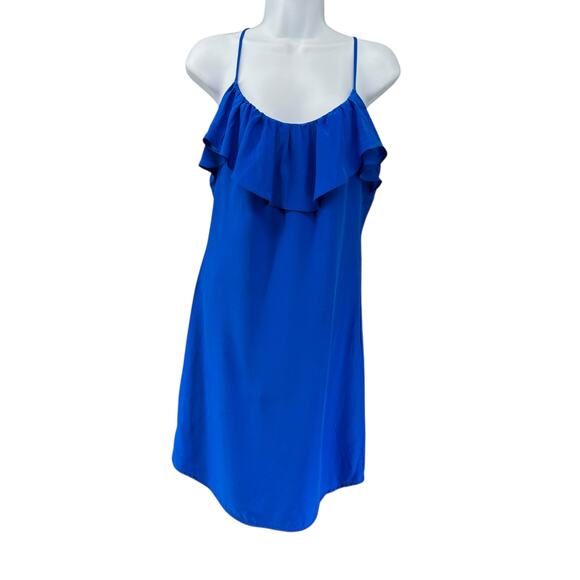 Britt Ryan 100% Silk Saphire Blue Mini Shift Dress Ruffle Top Spaghetti Strap XS - Picture 5 of 6